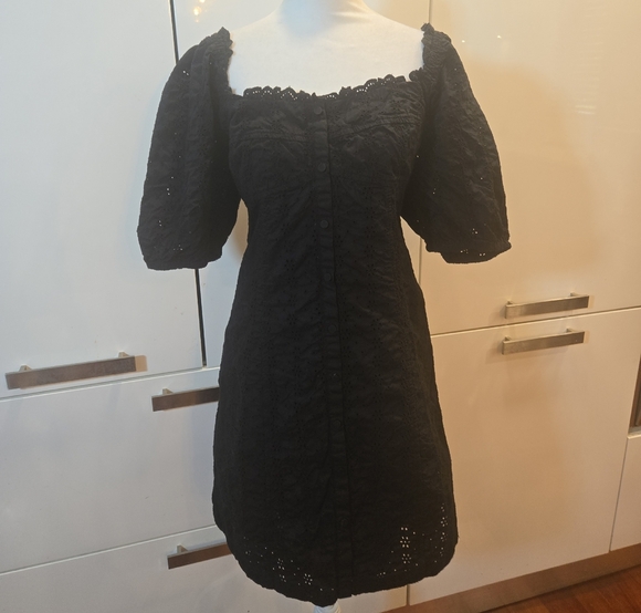 Embroidered Eyelet Floral Cotton Poof Sleeve Mini Dress Large Black - Picture 1 of 8